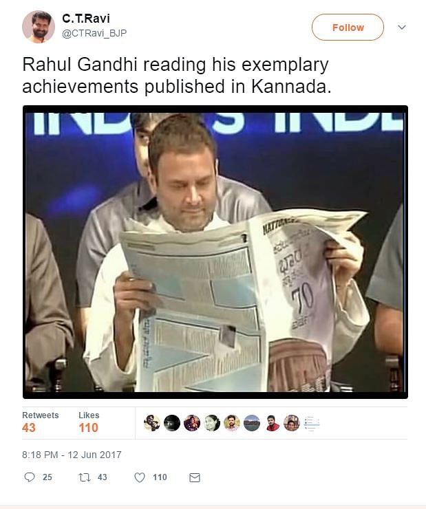 

Rahul Gandhi was reading or rather pretending to read a Kannada newspaper Karnataka BJP mocked him on Twitter.