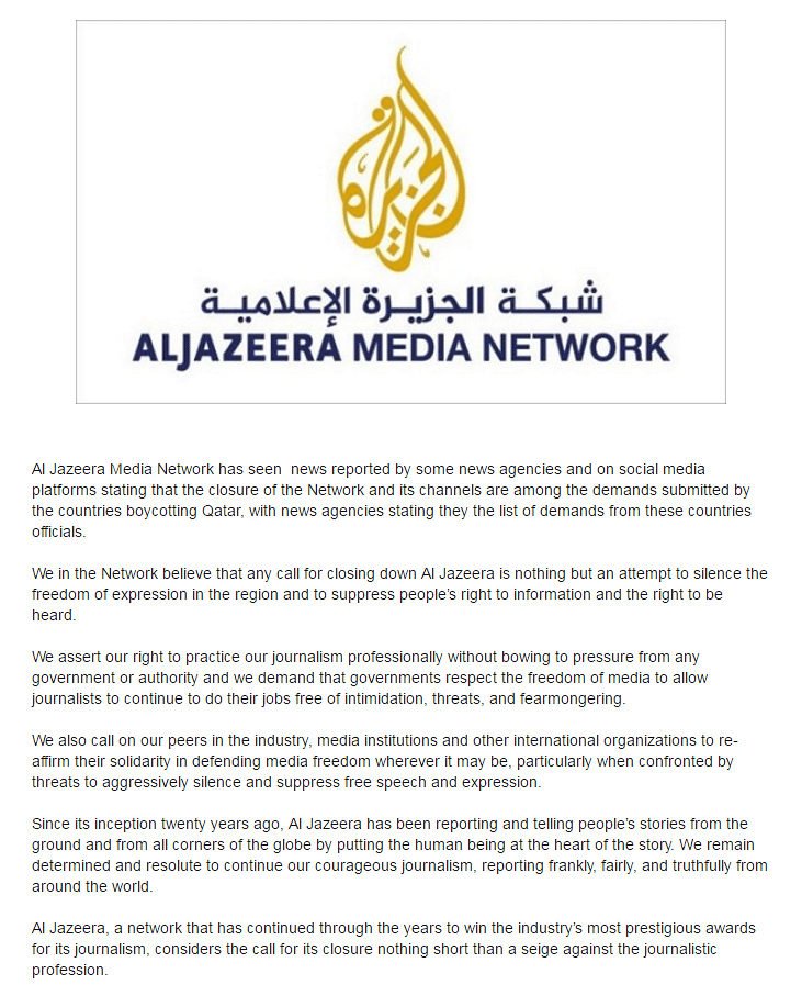 Qatar has been given a list of demands  that include shutting down Al-Jazeera and cutting diplomatic ties to Iran.
