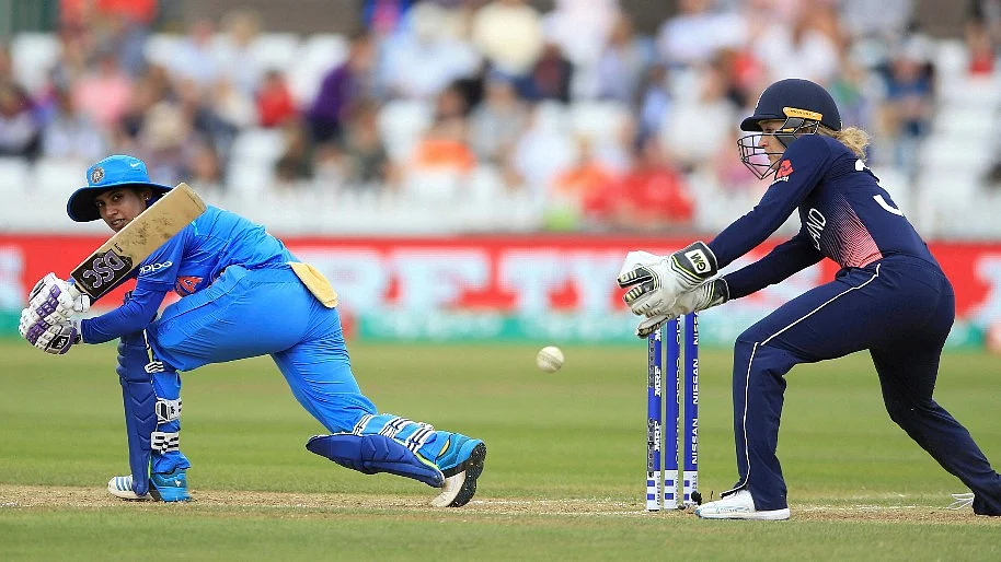 Mithali playing a sweep against England