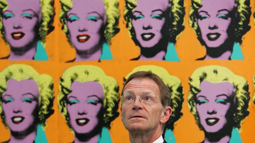 Andy Warhol’s iconic ‘Marilyn Diptych’ at the Tate Modern gallery, with  Nicholas Serota, Director of the Tate in front.&nbsp;