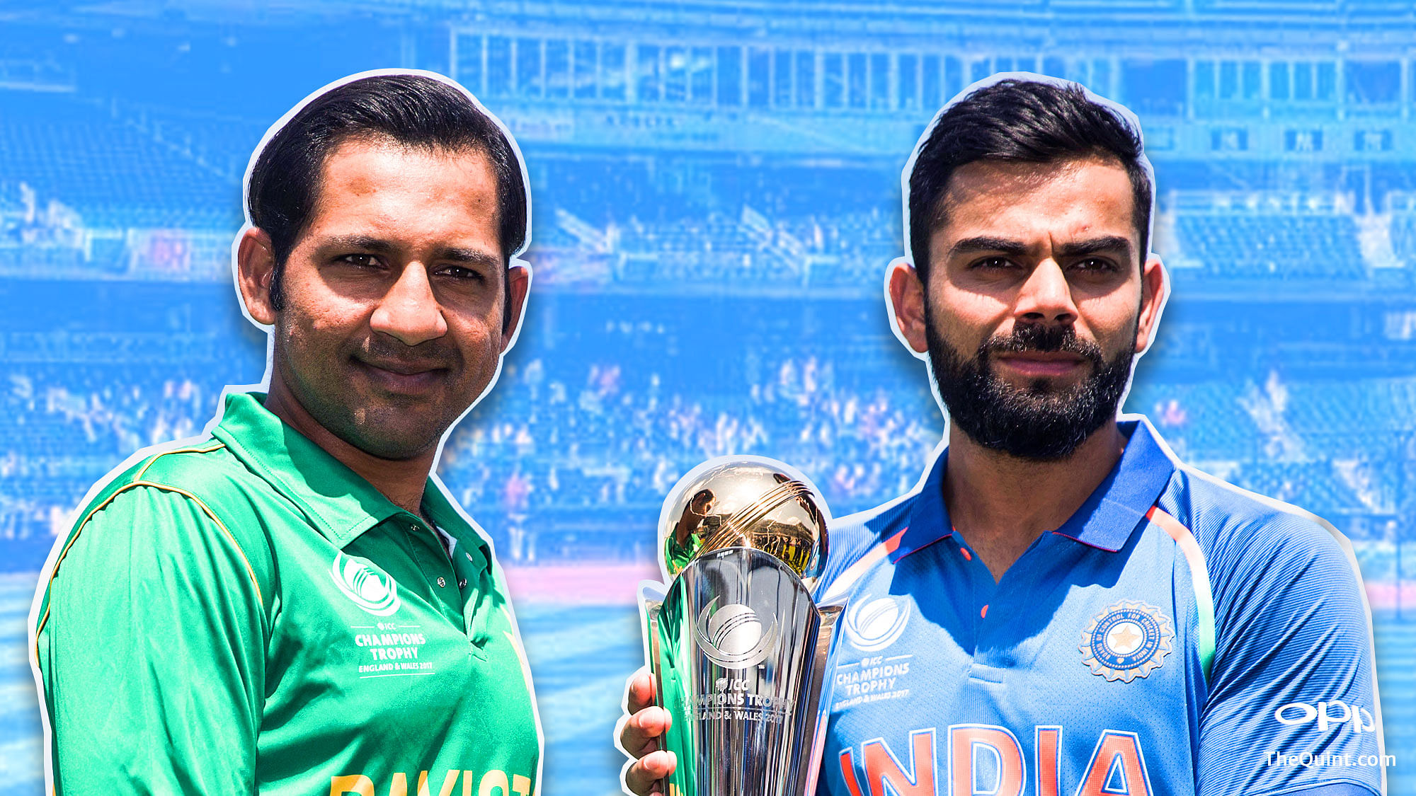 Sarfraz Ahmed (L) and Virat Kohli (R) pose with the Champions Trophy ahead of the final. (Photo: AP/Altered by <b>The Quint</b>)