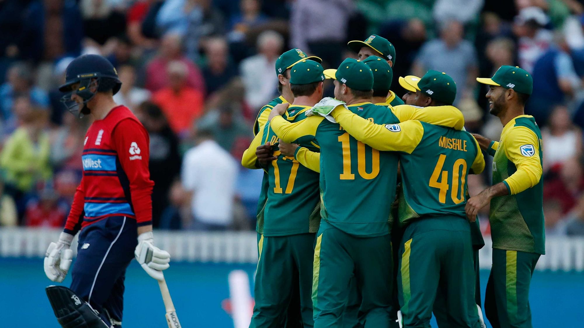 South Africa celebrate at the end of  the second NatWest T20 Blast match at the Cooper Associates County Ground, Taunton. (Photo: AP)