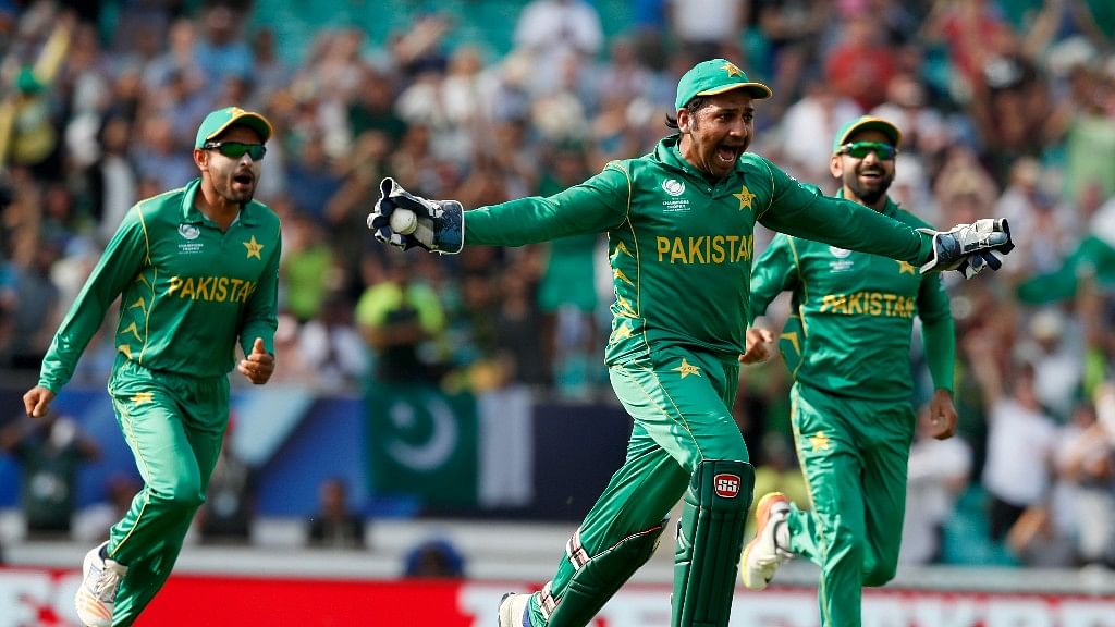 Pakistan’s captain Sarfraz Ahmed celebrates after taking India’s last wicket to win the ICC Champions Trophy final at The Oval in London. (Photo: AP)