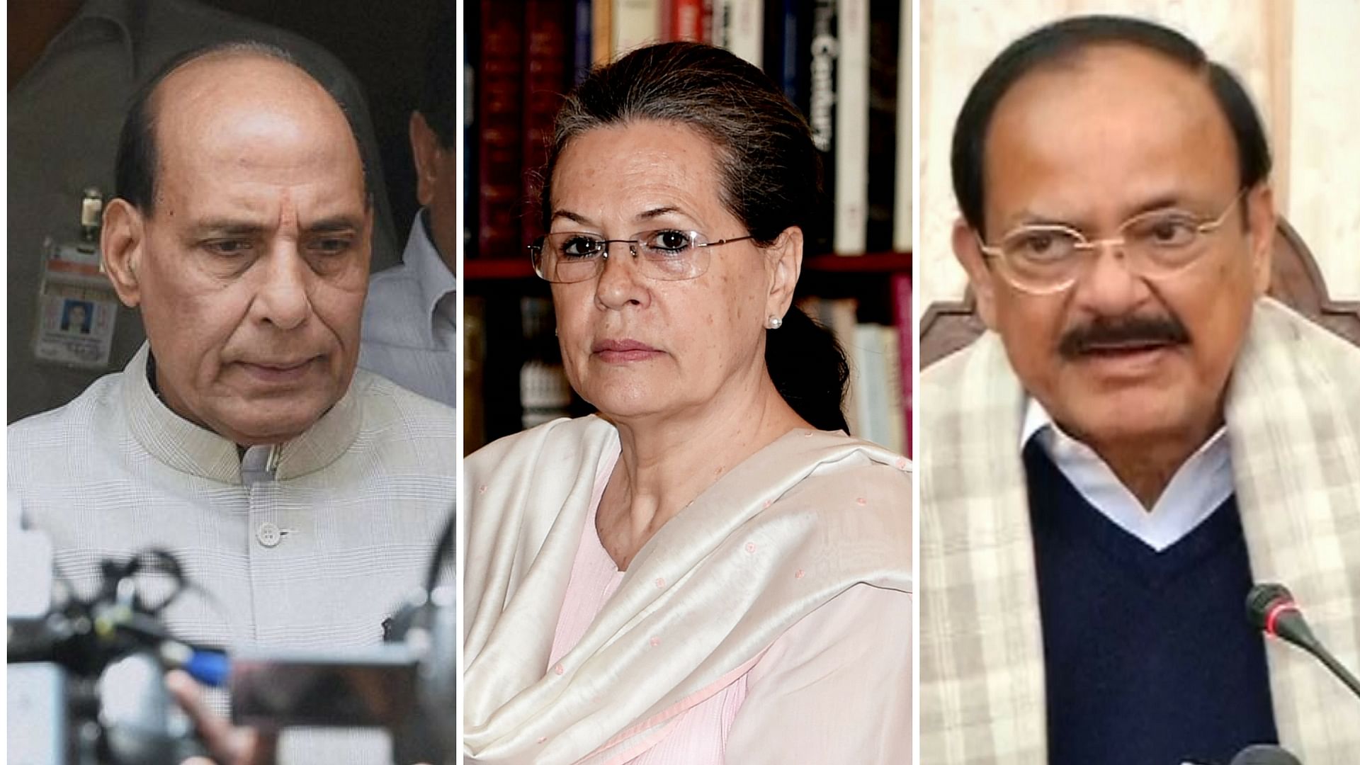 Home Minister Rajnath Singh and Union Minister Venkaiah Naidu will meet Congress President Sonia Gandhi to decide on the possibility of a consensual presidential candidate. (Photo: Altered by <b>The Quint</b>)