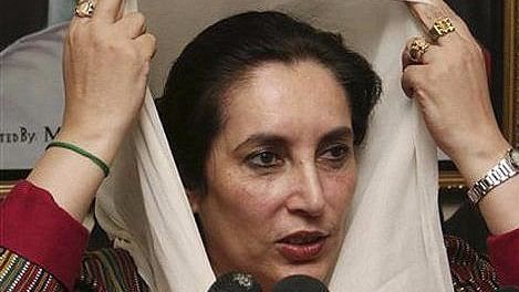 Benazir Bhutto at  a media briefing. 