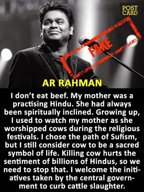 Webqoof | The false quote makes it seem that Rahman is welcoming the government curbs on cattle slaughter.