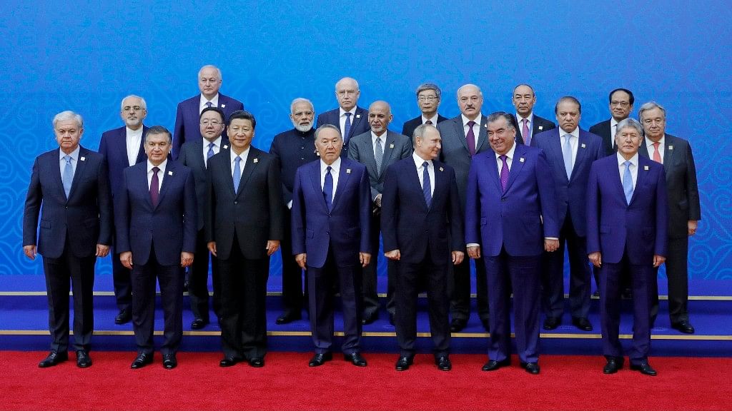 PM Narendra Modi and Pak PM Nawaz Sharif with other leaders in Astana on Friday. (Photo: AP)
