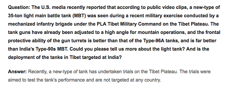 Amid rising tensions related to Sikkim standoff, China denied the tank was being deployed in Tibet to target India.