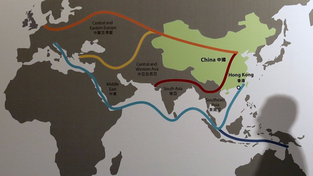 A map illustrating China’s “One Belt, One Road” mega-project at the Asian Financial Forum in Hong Kong.&nbsp;