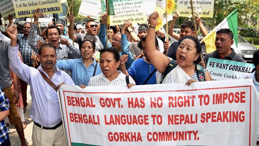 Gorkha Janmukti Morcha supporters protesting in New Delhi against the decision of the West Bengal government to teach Bengali in all schools in the state (Photo: PTI)