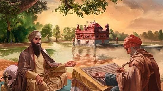 An illustration of Guru Arjan Dev composing hymns for the Guru Granth Sahib. 