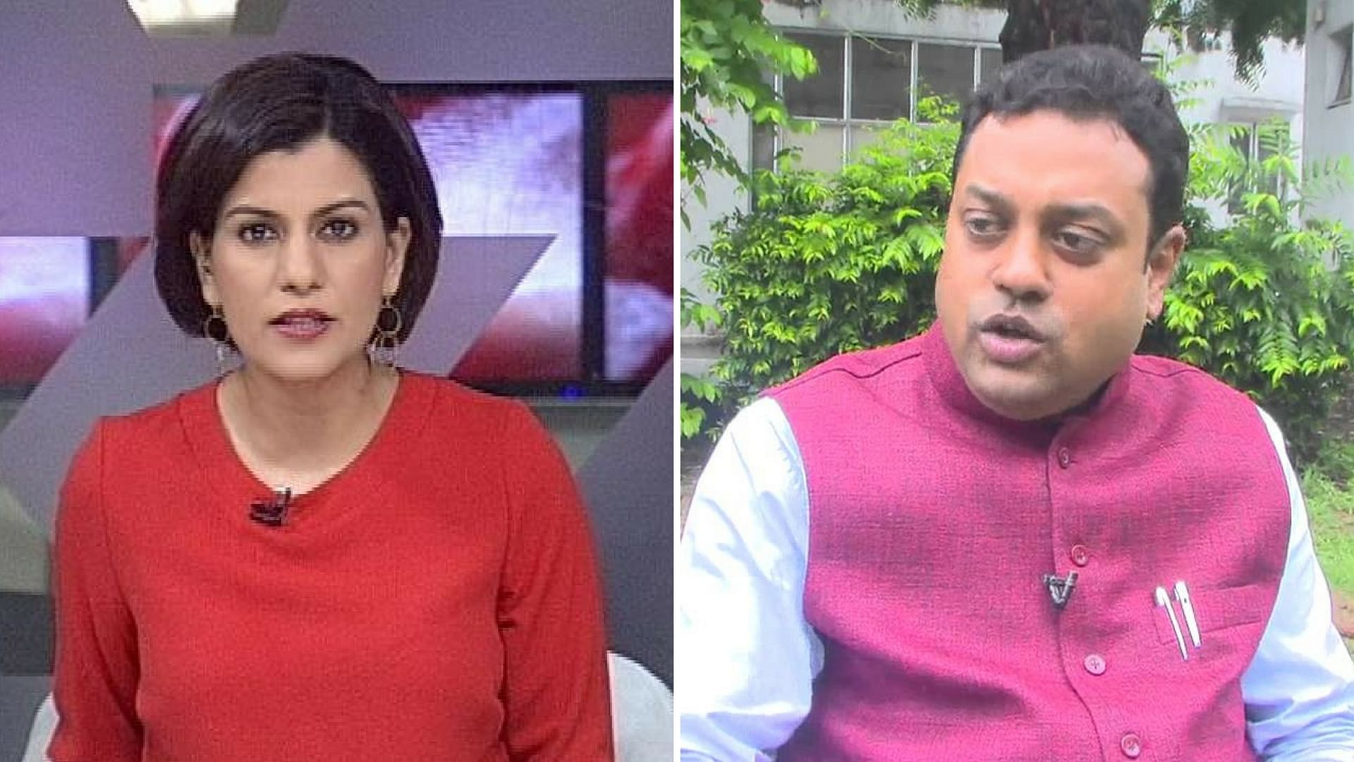 NDTV anchor Nidhi Razdan (left) and BJP Spokesperson Sambit Patra (right). (Photo Altered by<b> The Quint</b>)