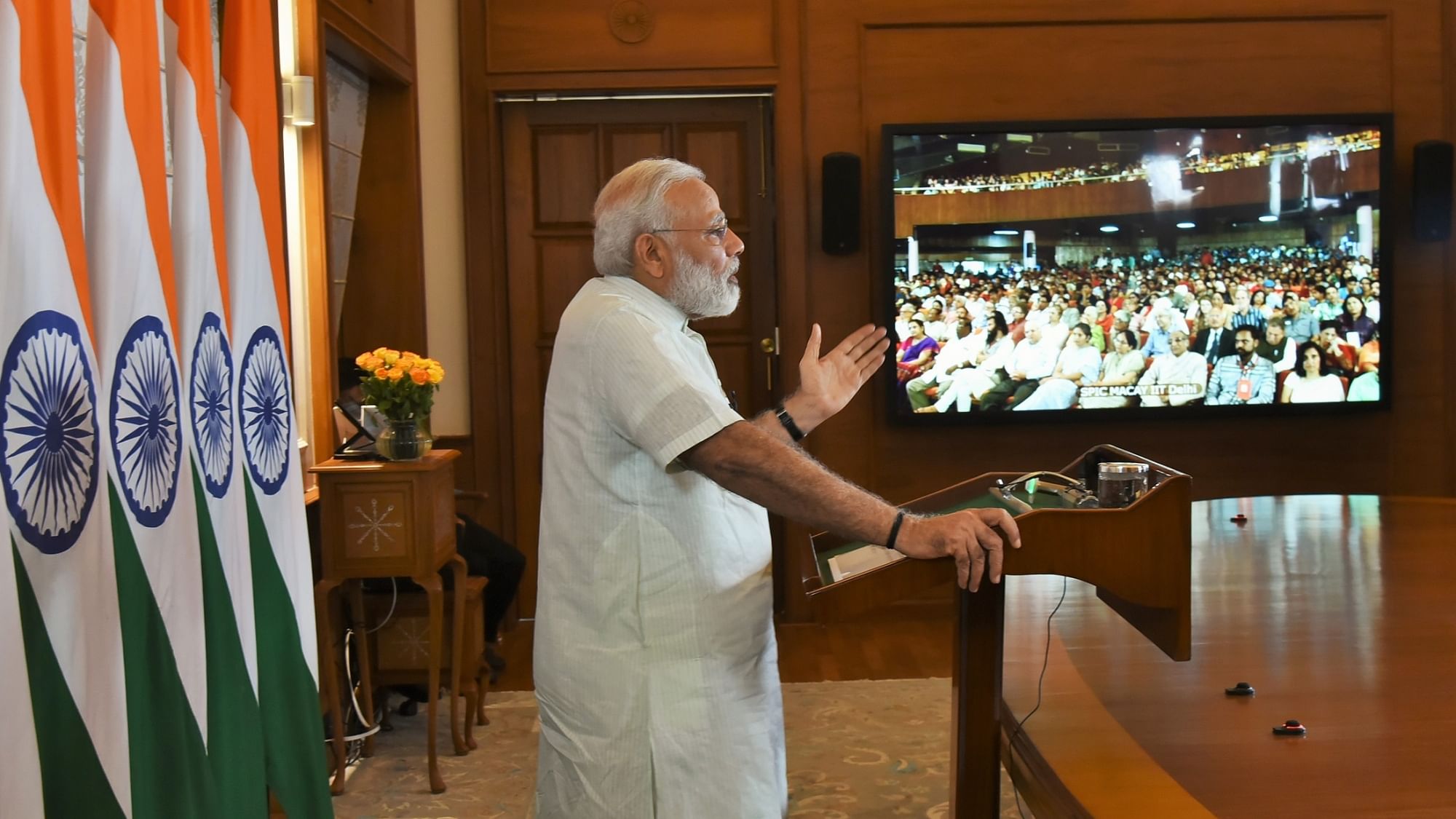 PM Modi speaks on climate change at SPIC MACAY conference in Delhi. (Photo: IANS)