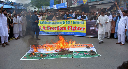Salahuddin’s supporters protested US sanctions on him, shouting anti-Indian slogans and burning the Indian flag.