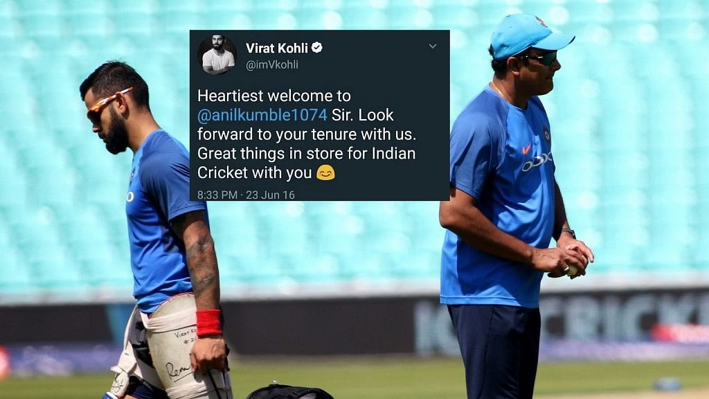 Virat Kohli has deleted the tweet he posted for Anil Kumble on 23 June 2016. (Photo: IANS/Altered by <b>The Quint</b>)
