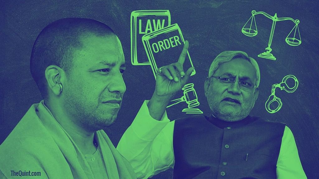 UP CM Yogi Adityanath can take a cue from his Bihar counterpart Nitish Kumar when it comes to handling a law and order crisis. (Photo: Altered by <b>The Quint</b>)