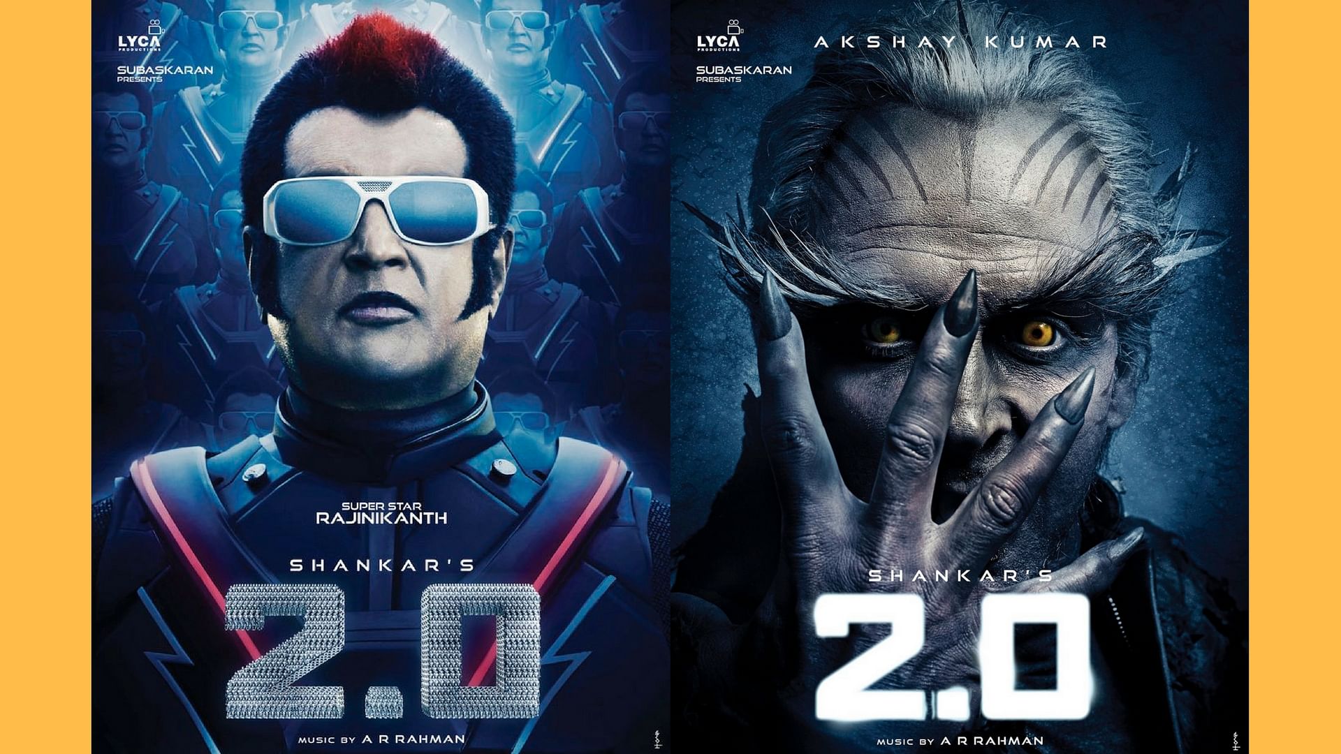 Rajinikanth and Akshay Kumar on the posters of <i>2.0.</i>