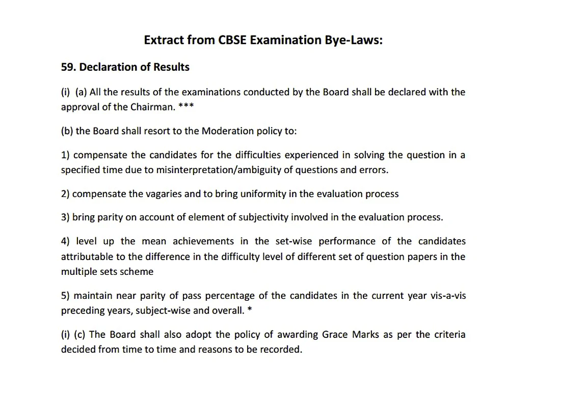 An extract of CBSE’s moderation policy from the board’s bye-laws. (Photo Courtesy: CBSE)