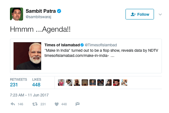 Sambit Patra Falls For ‘Fake News’ While Tweeting Against NDTV