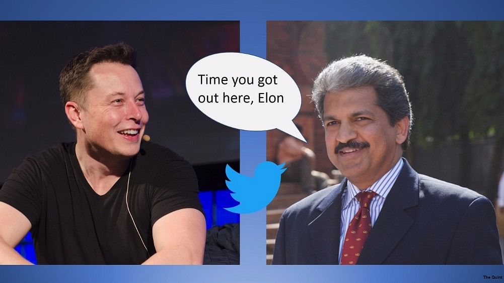 Elon Musk, Founder &amp; CEO, Tesla (left) and Anand Mahindra, Executive Chairman, Mahindra Group. (Photo: <b>The Quint</b>)