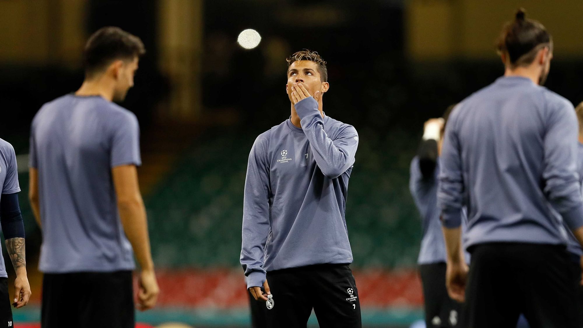 Real Madrid’s Cristiano Ronaldo, center, looks up during a training session at the Millennium Stadium in Cardiff, Wales Friday June 2, 2017.  (Photo: AP)