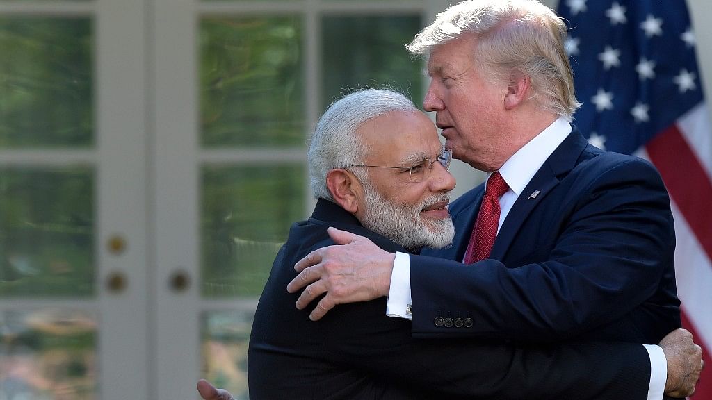 President Donald Trump and Indian Prime Minister Narendra Modi hug during a public address in the Rose Garden of the White House in Washington.&nbsp;