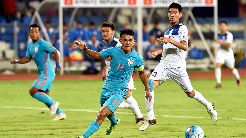 Sunil Chhetri in action during the AFC Asian Cup qualifier match between India and Kyrgyzstan. (Photo: PTI)