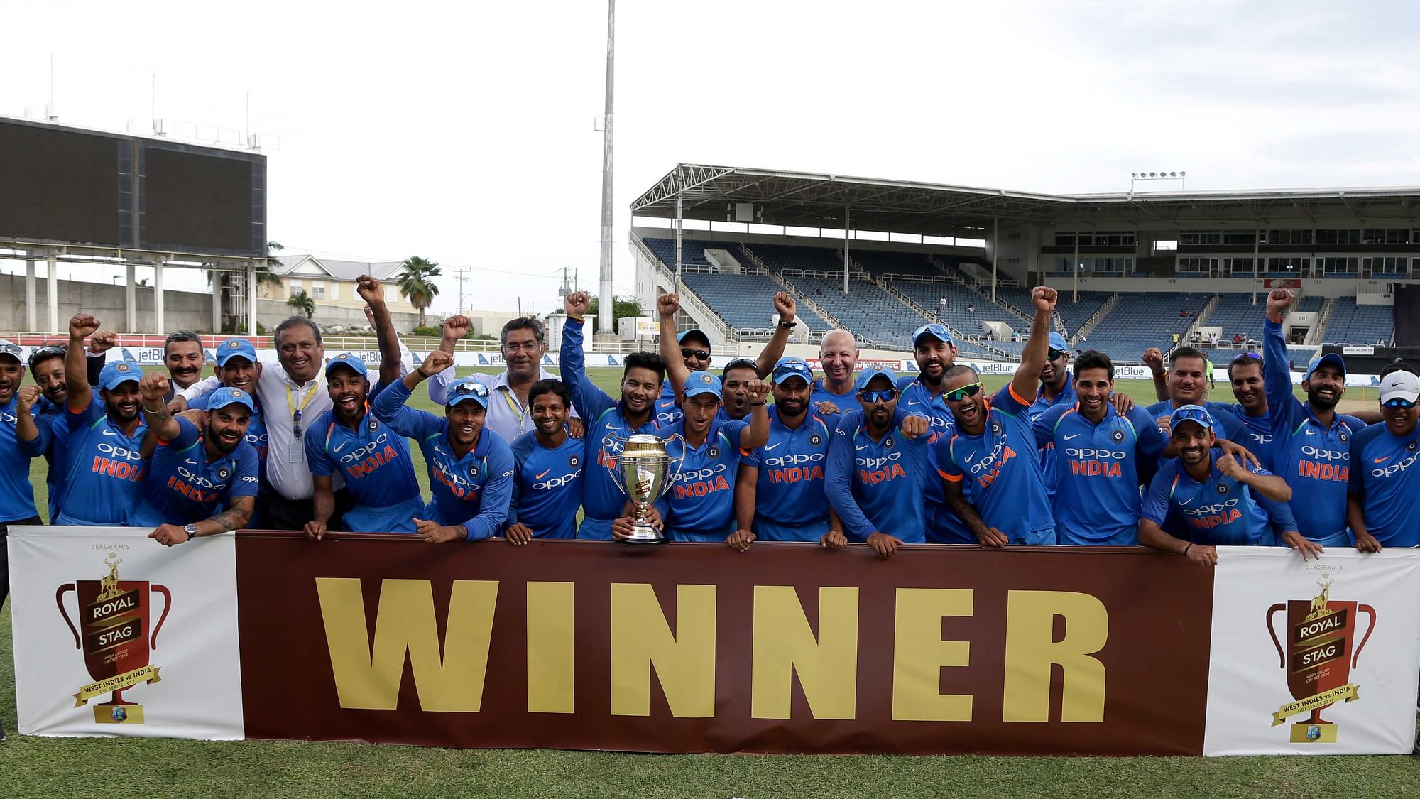 Indian cricket team celebrate with the trophy after beating West Indies 3-1 in their five match ODI series.&nbsp;