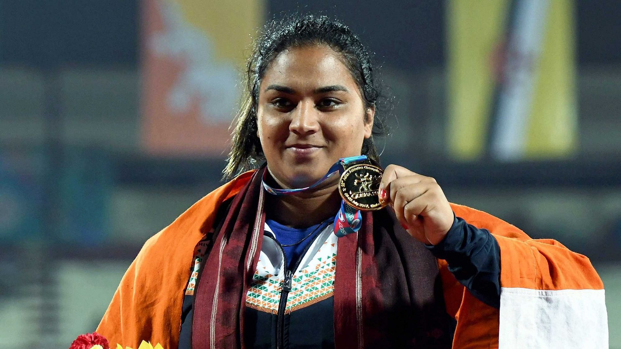 Manpreet Kaur shows her medal during the presentation ceremony of the Women’s Shot Put event during the 22nd Asian Athletics Championships in Bhubaneshwar