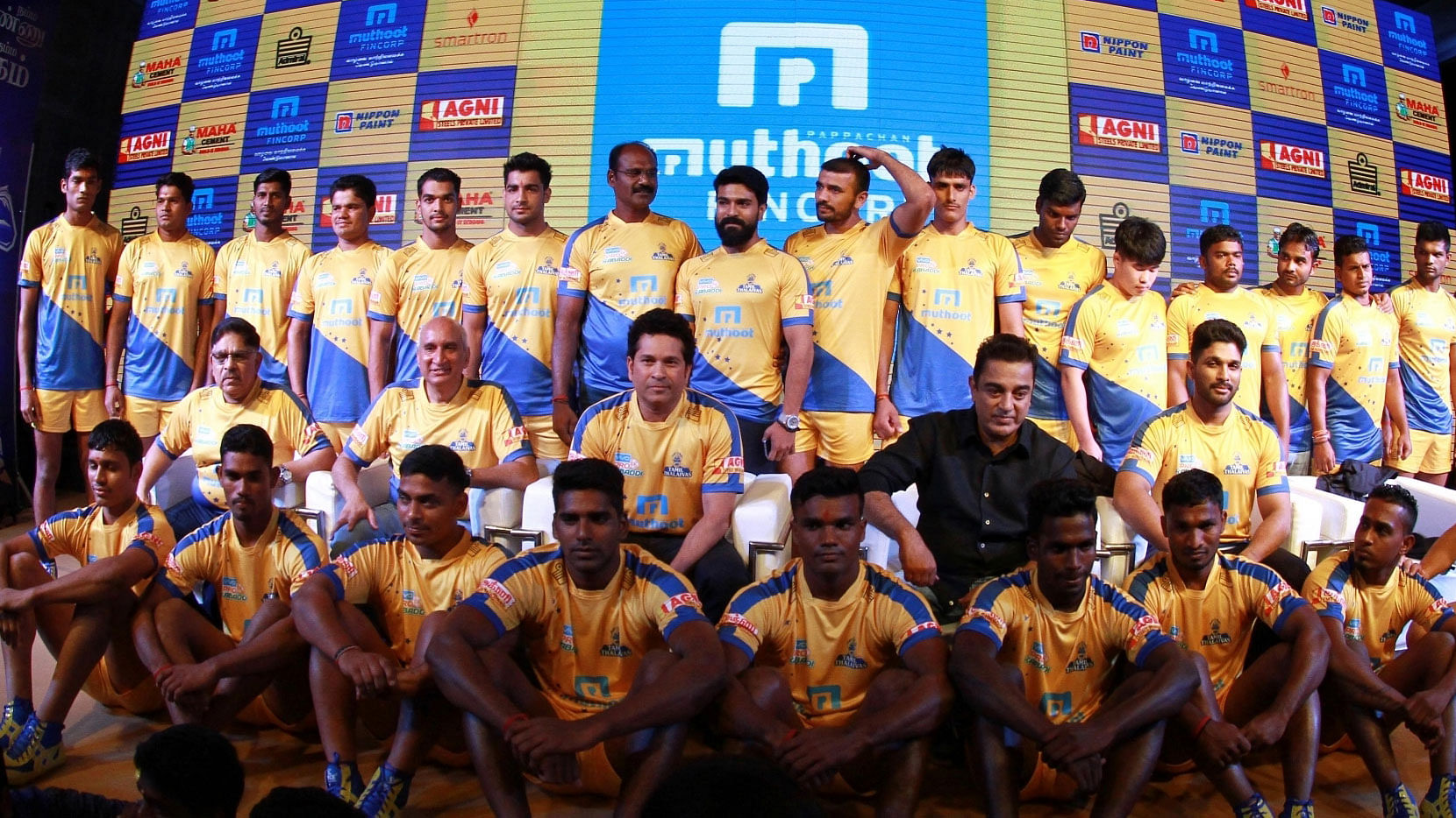 Sachin Tendulkar, actors Kamal Haasan, Ram Charan, Allu Arjun along with the team during the jersey launch of Tamil Thalaivas Kabaddi team in Chennai.