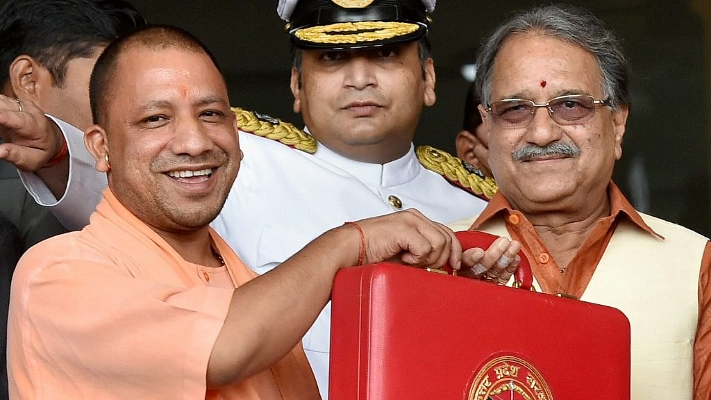Uttar Pradesh Chief Minister Yogi Adityanath along with Uttar Pradesh  Finance Minister Rajesh Aggarwal  before presenting the State Budget for 2017-18, at Vidhan Sabha  in Lucknow.&nbsp;