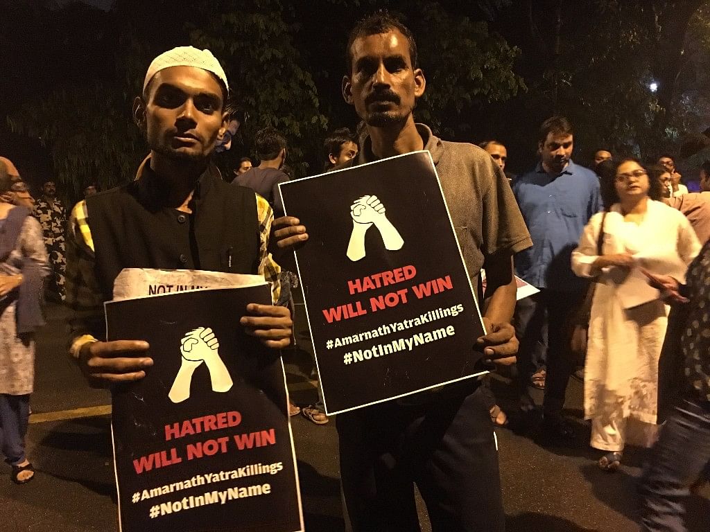 

On a rainy evening, around 80 people gathered at Jantar Mantar to hold a vigil for Amarnath Yatra terror attack.