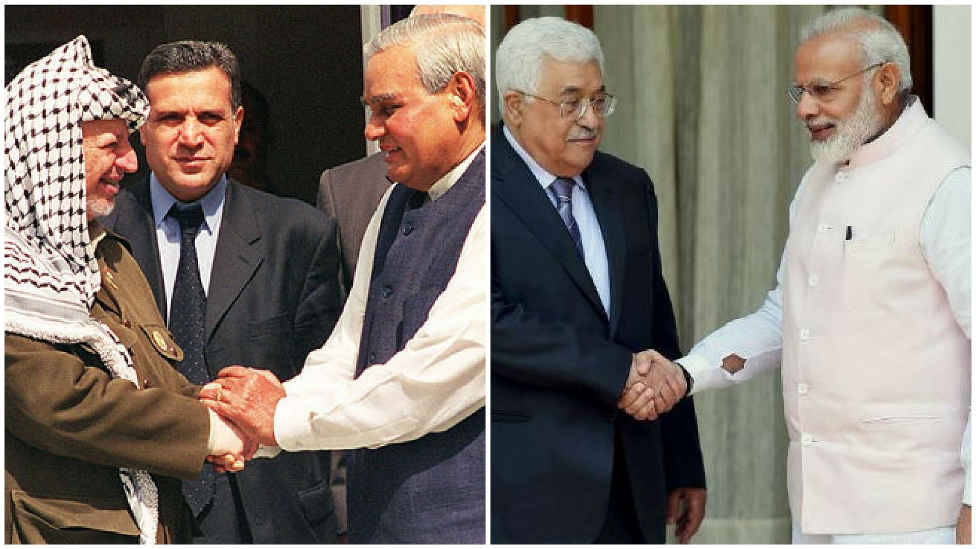 Former PM Atal Bihari Vajpayee with Palestinian leader Yasser Arafat and Prime Minister Narendra Modi with Palestinian President Mahmoud Abbas.
