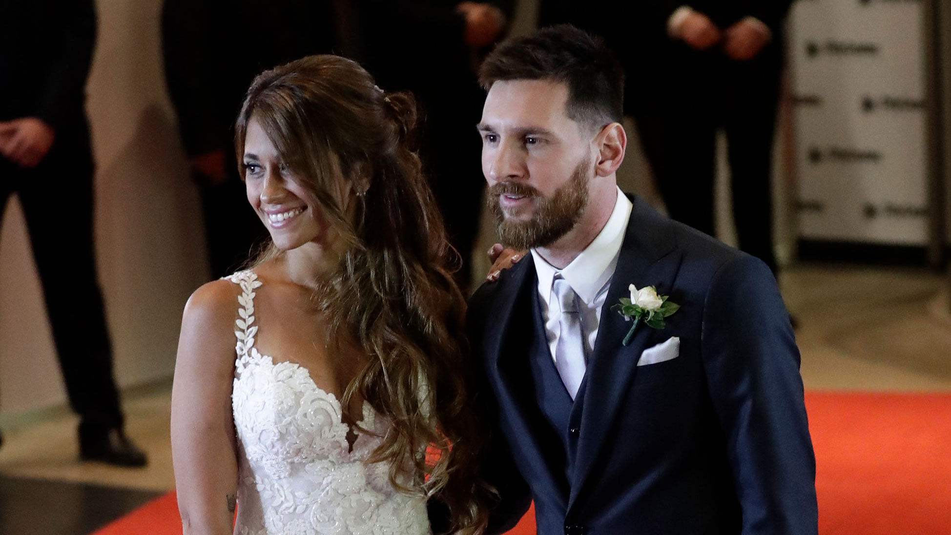 Lionel Messi poses for a picture with Antonella Roccuzzo in Rosario on Friday.