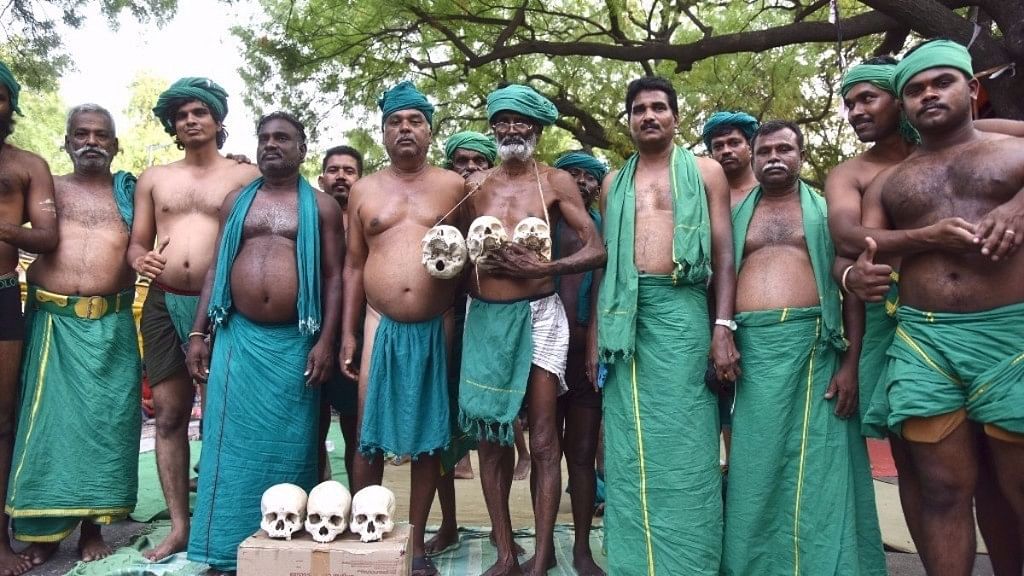 The farmers from Tamil Nadu in their 40-day protest at Delhi, earlier in 2017.&nbsp;