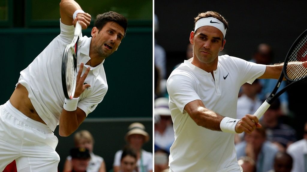Novak Djokovic and Roger Federer in action during their respective Wimbledon first round matches.&nbsp;