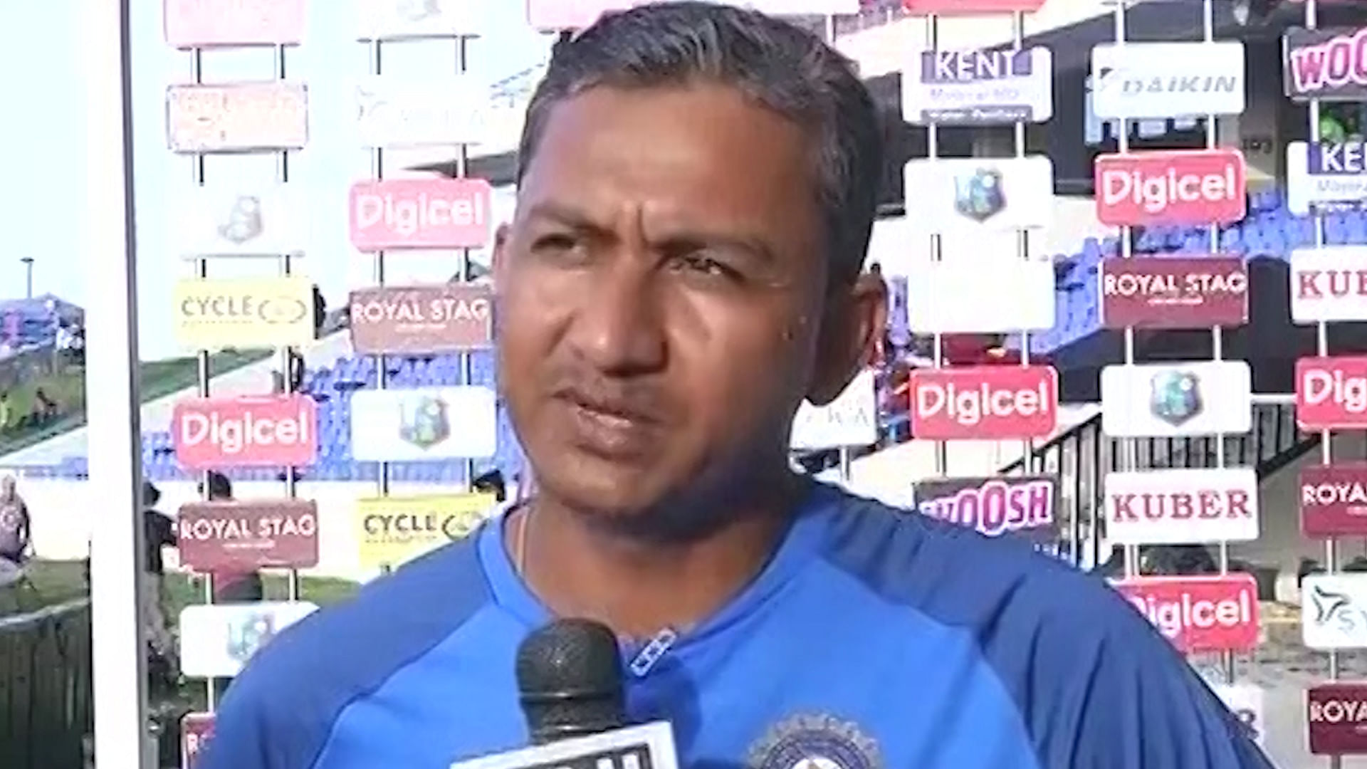 Sanjay Bangar speaks to the media after the fourth ODI between India and West Indies at North Sound on Sunday.