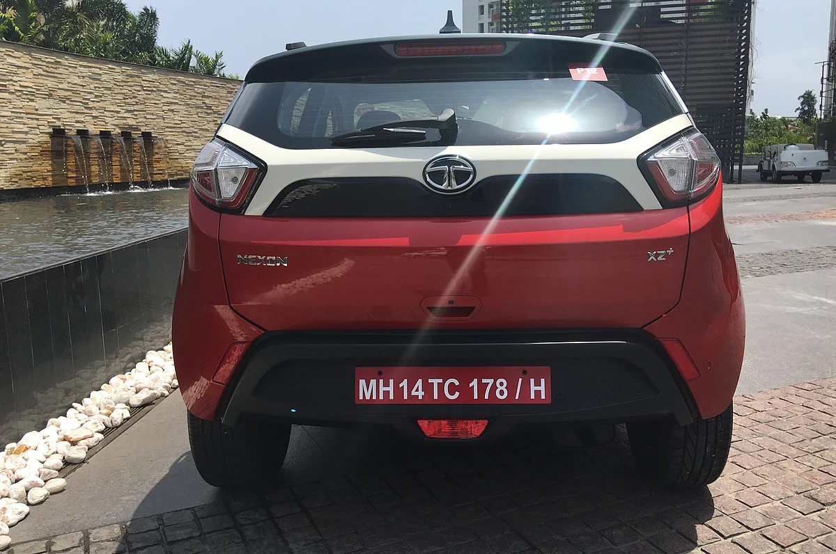 The rear of the Tata Nexon has a white-ceramic ‘X-factor’ design. 