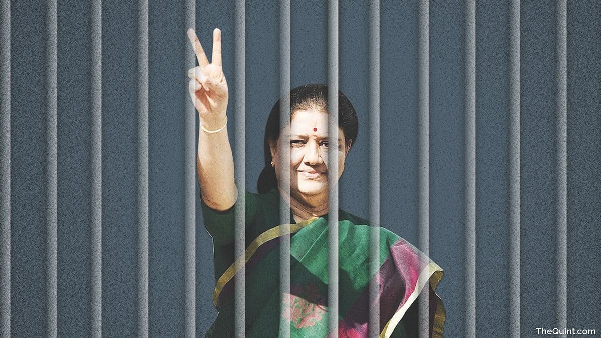 VK Sasikala is currently serving a four-year sentence in the Bengaluru jail. (Photo: AP/Altered by <b>The Quint</b>)