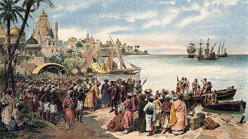A depiction of Vasco da Gama arriving at India’s shore in 1498. (Photo Courtesy: <a href="https://commons.wikimedia.org/wiki/File:A_chegada_de_Vasco_da_Gama_a_Calicute_em_1498.jpg">Wikimedia Commons</a>)
