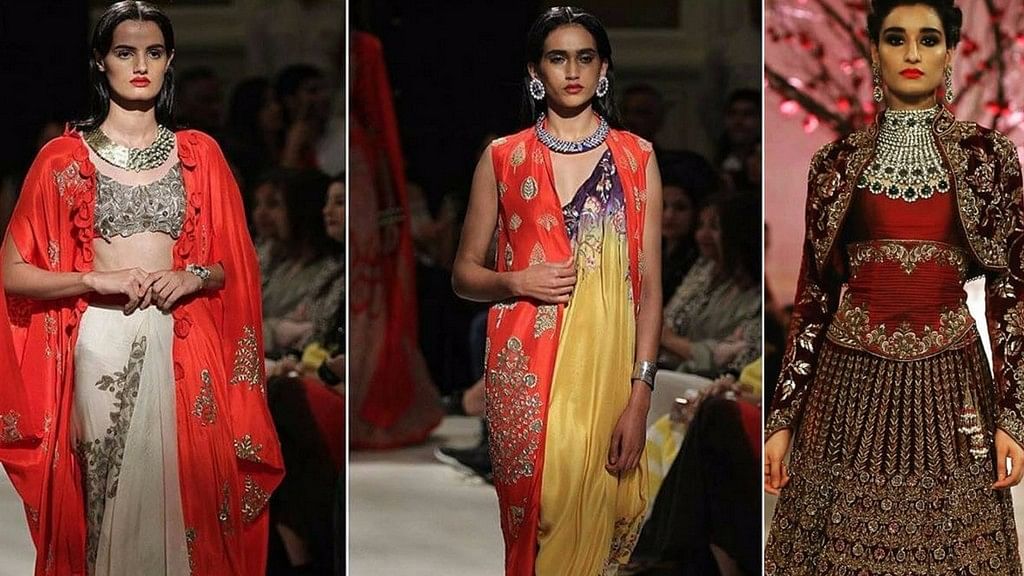 Models displaying pieces from an earlier Anamika Khanna collection, and a piece from Rohit Bal’s Kehkashaan collection that was unveiled at last year’s India Couture Week.&nbsp;