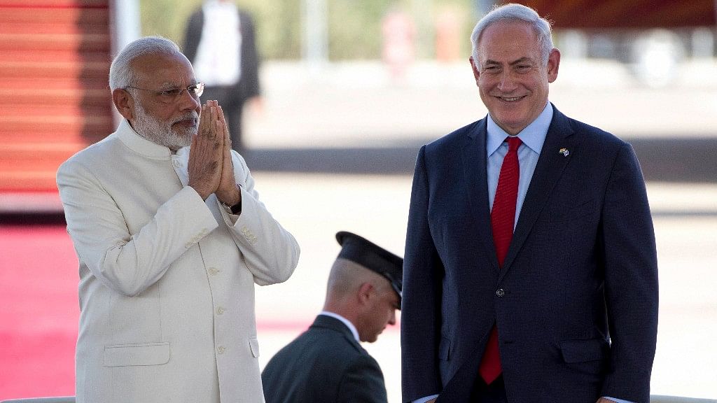 Indian Prime Minister Narendra Modi with his Israeli counterpart Benjamin Netanyahu in Tel Aviv on Tuesday.&nbsp;