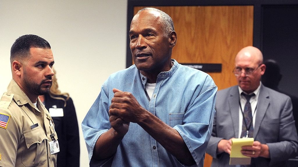 OJ Simpson reacts during his parole hearing at Lovelock Correctional Centre in Lovelock, Nevada.