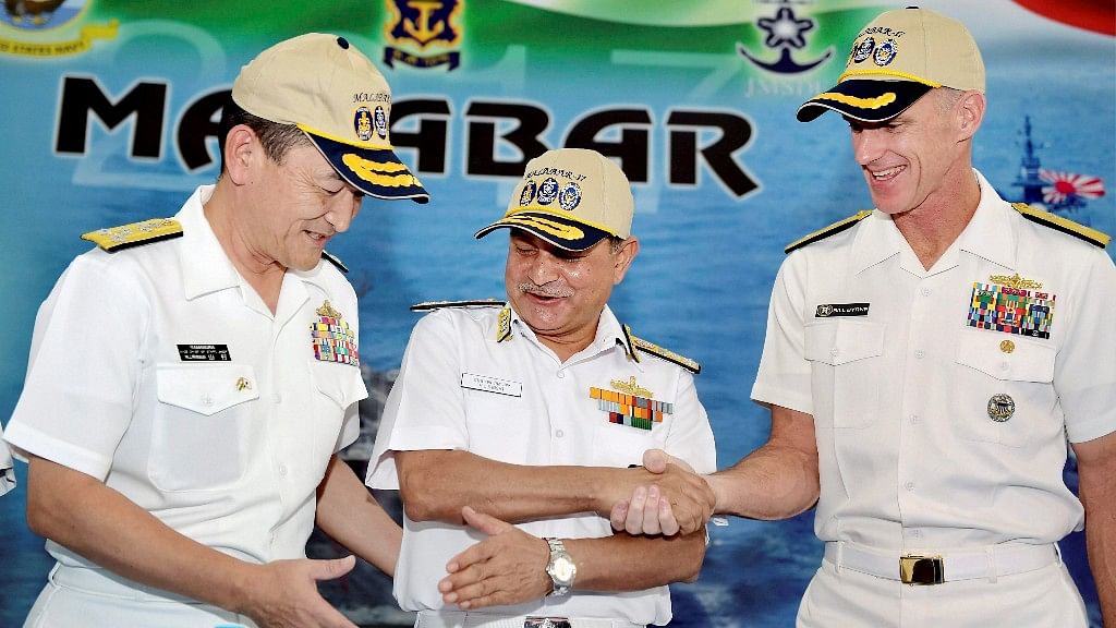 Flag Officer Commanding-in-Chief, Eastern Naval Command Vice Admiral HCS Bisht (C), Japan Maritime Self-Defense Force Vice Admiral Hiroshi Yamamura (L), US Navy Commander Rear Admiral William D Byrne Jr (R).