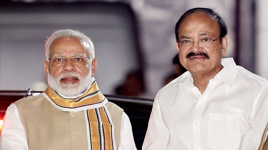 Union Minister M Venkaiah Naidu is greeted by Prime Minister Narendra Modi after he was announced as the BJP’s Vice-Presidential candidate in New Delhi on Monday.&nbsp;