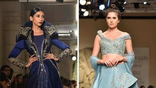 

Models wearing collections by (L to R)  Gaurav Gupta and Manav Gangwani.