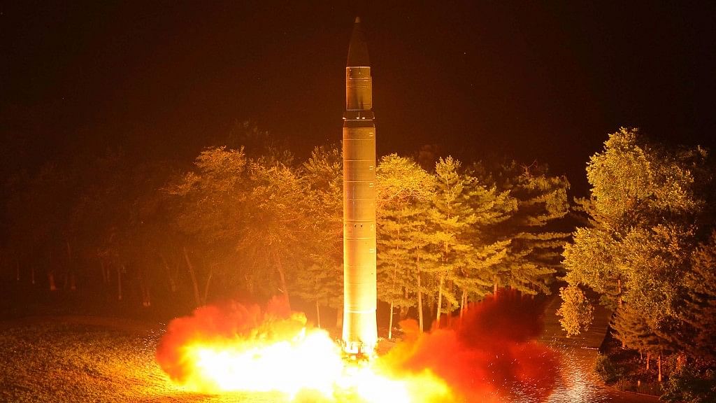Photo distributed by the North Korean government shows what was said to be  the launch of a Hwasong-14 intercontinental ballistic missile at an undisclosed location in North Korea.&nbsp;<a></a>