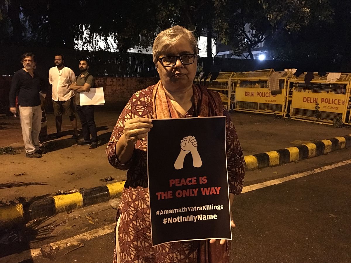

On a rainy evening, around 80 people gathered at Jantar Mantar to hold a vigil for Amarnath Yatra terror attack.