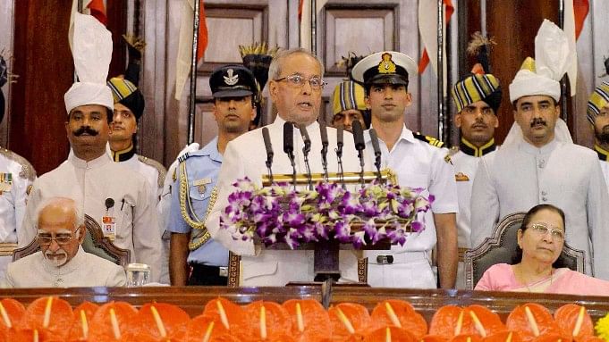 President Pranab Mukherjee delivers an address during his farewell ceremony at the Central Hall of Parliament on Sunday. Vice President Hamid Ansari and Lok Sabha Speaker Sumitra Mahajan are also seen.
