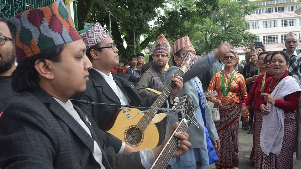 Hundreds of artistes took to the streets in a peaceful march, singing Nepali songs demanding Gorkhaland.